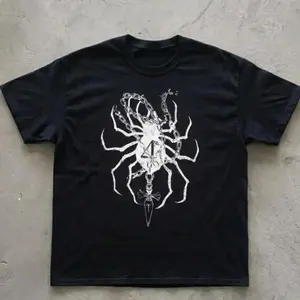 Gothic Spider & Chain Dagger Graphic T-Shirt | Edgy Grunge Aesthetic Tee | Oversized Black Crewneck Streetwear | Dark Alternative Short Sleeve Shirt