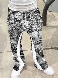 Men's street wear retro bell bottom pants, skeleton casual sweatpants, a fusion of "dark style+street style", drawstring waistband+white stripes on the sides+tassel decoration on the hem, combining decorative and casual feel, Casual streetwear trousers