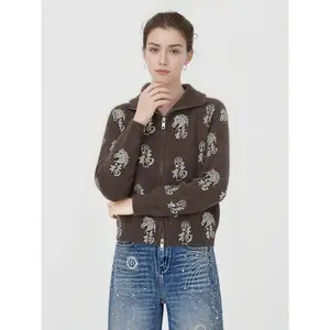 TCH - [Including Rabbit Hair] Fuma Hot Diamond Coffee Color Zipper Stand up Collar Knitted Cardigan Coat for Women