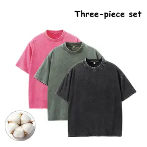 3-Pack Vintage Solid Color Washed Cotton T-Shirts, Loose Fit, Crew Neck, Casual Unisex Streetwear