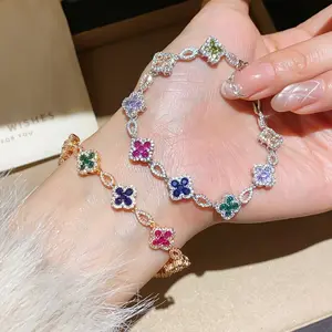 Multicolor Clover Bracelet, 18K Gold Plated Four-Leaf Clover Link Bracelet with Cubic Zirconia, Lucky Colorful Charm Jewelry for Women