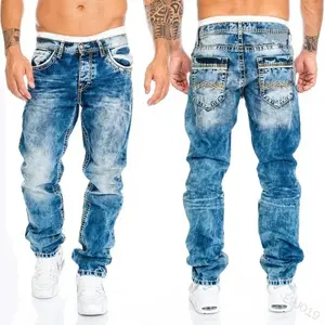 Denim Ripped Jeans Men Patchwork Skinny Wash Pencil Straight Pants Punk Ankle Length Biker Hip Hop Men's Pockets Streetwear Beige Menswear
