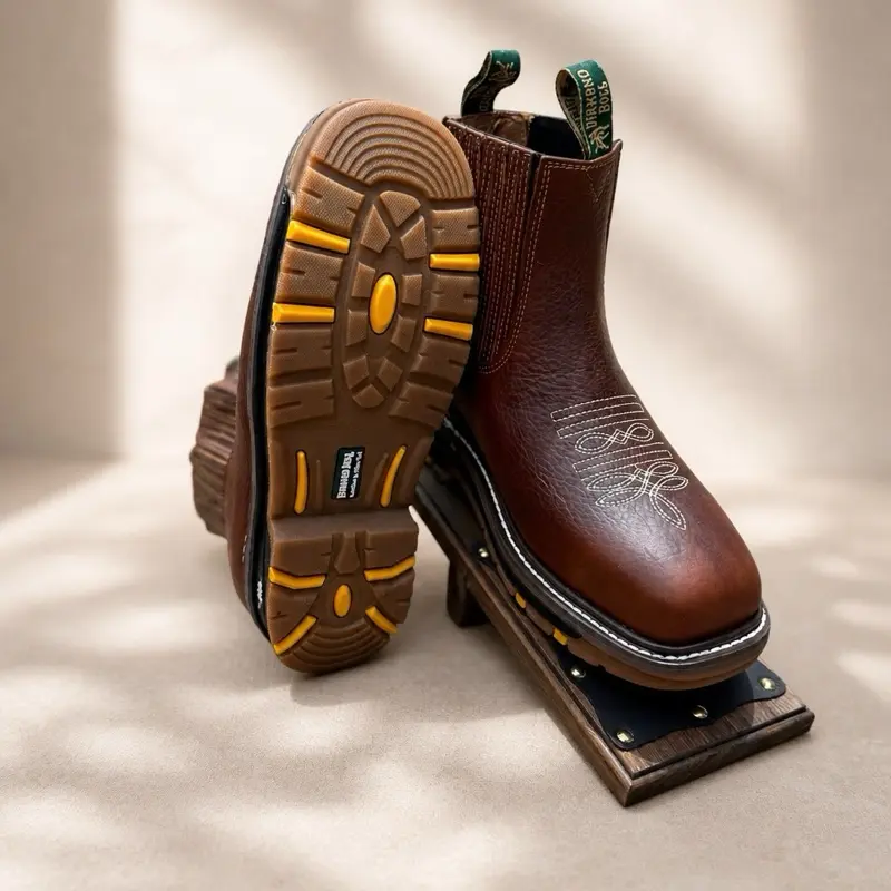 OCRE RODY Brown Leather Work Boots with Yellow Tread Sole and Embroidered Design for Men