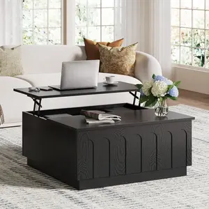 Lift Top Coffee Table with Storage, Modern Coffee Table with Arched Design, 31.5" Square Tea Table with Wood Grain, Minimalist Multifunctional Center Table for Living Room, Office