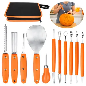 Premium Pumpkin Carving Tools Kit for Halloween - Stainless Steel Sculpting Tools Set of 11pcs with Carry Bag and 10pcs Paper Carving Templates-Orange