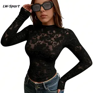 Mesh Long Sleeve Tops for Women Lace Sexy Sheer See Through Crew Neck Floral Shirt Fall Blouses 2026 Party Club Outfits