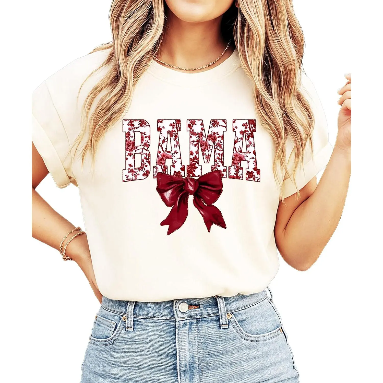 Bama - Red shirt with a floral bow for women and teens, fashionable T-shirt for fans of Alabama high school sports