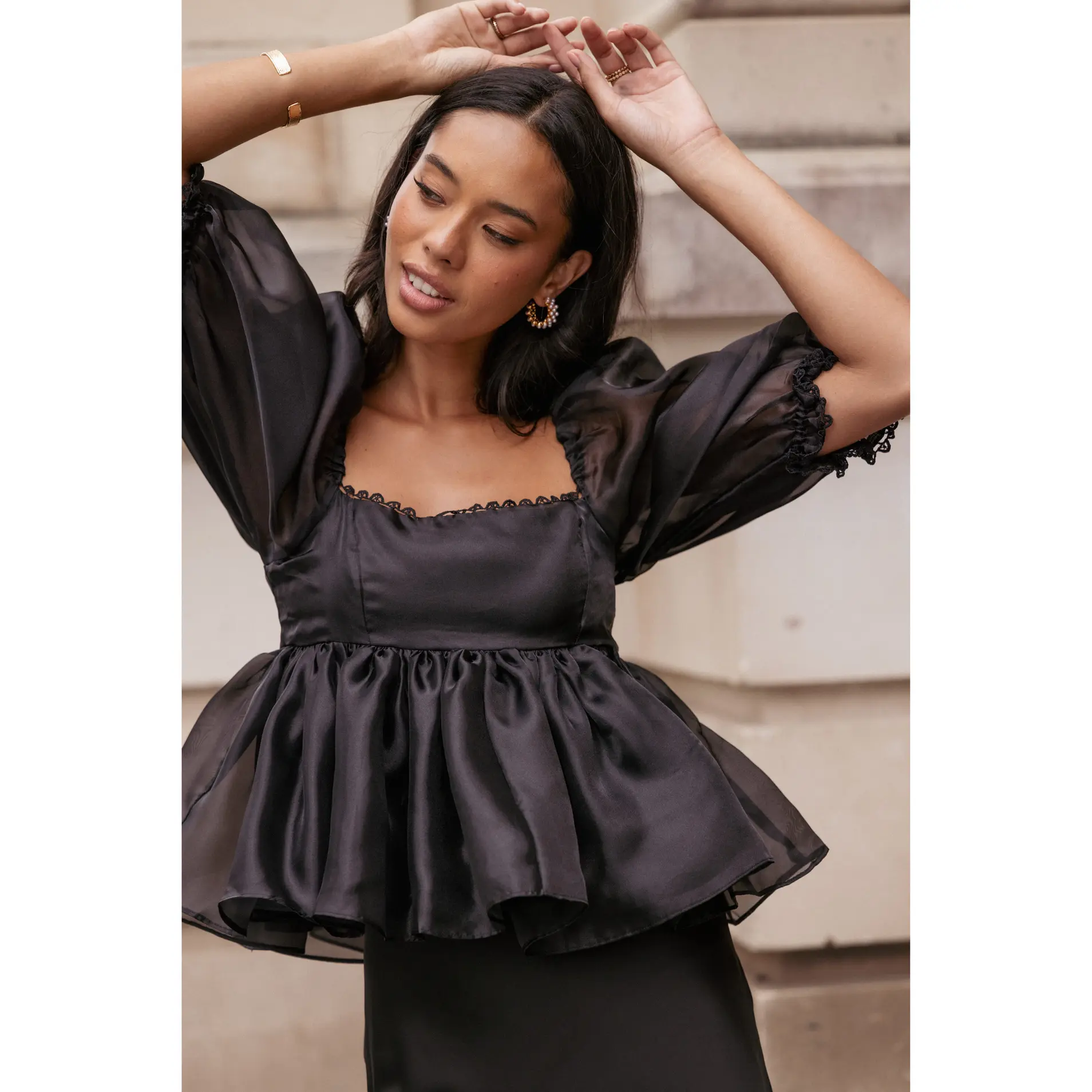 Solenne Puff Sleeve Peplum Organza Top - Black