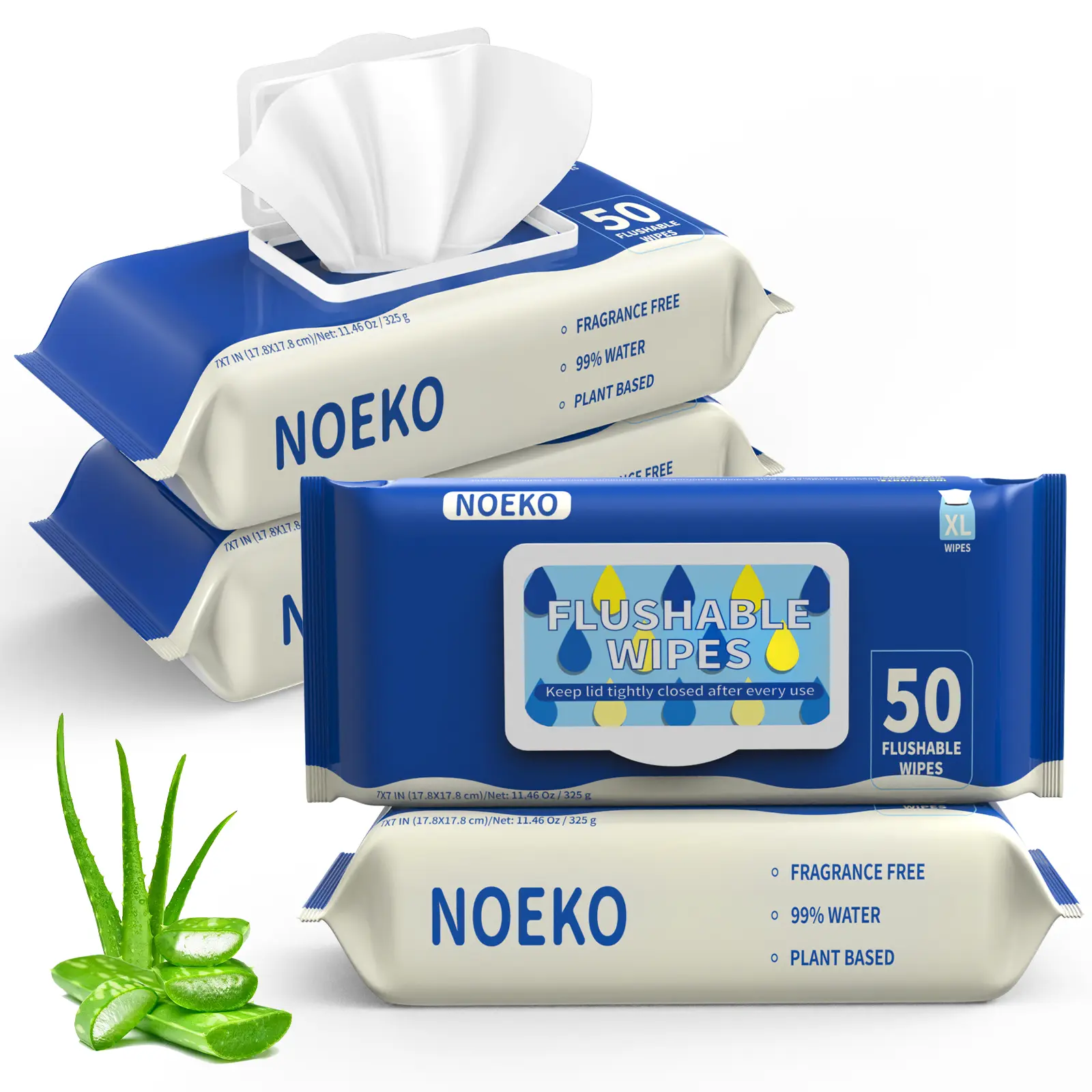 Neoke Flushable Butt Wipes - 7x7" 200 Wipes (4 Pack) - Extra Large Adult Wet Wipes For Women & Men - 100% Plant Based Fibers - Bathroom Essentials - Sewer & Septic Safe