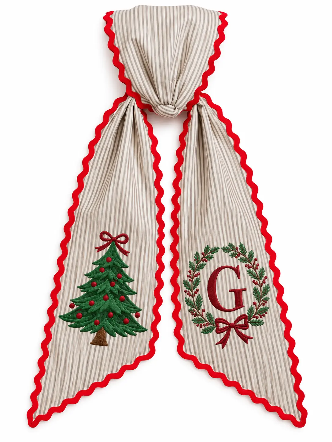 Personalized Christmas Tree Embroidered Wreath Sash, Custom Initial Monogram Holiday Door Bow, Beige Gray Striped Fabric with Red Scalloped Trim, Rustic Farmhouse Christmas Mantel Decoration