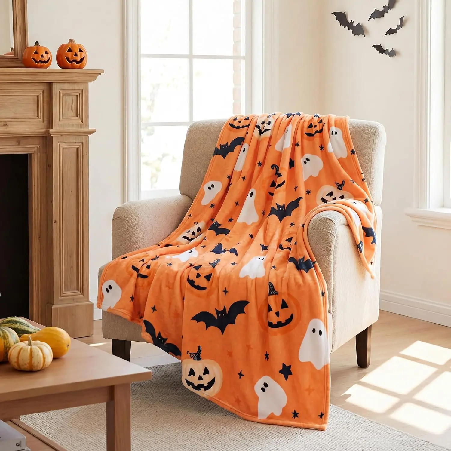 Halloween-Themed Orange Cozy Throw Blanket - Pumpkin Print, Ghost, and Bat Designs for Cozy Comfort