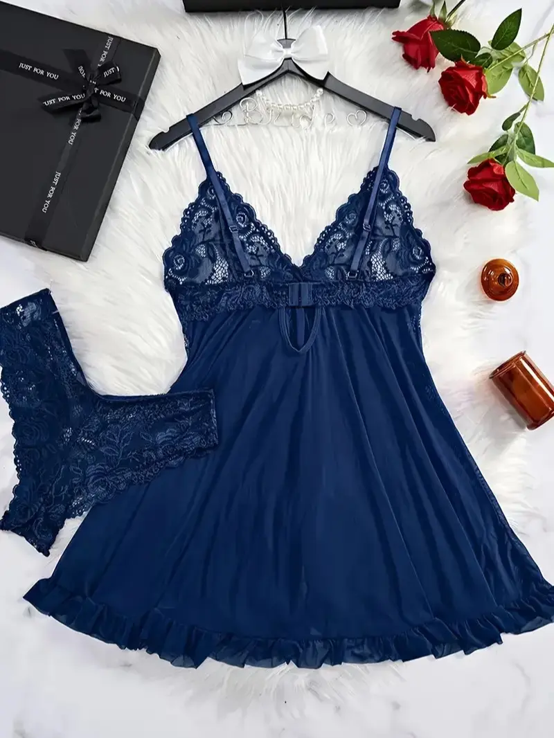 lace sleepwear dress Feminine Summer Pajama Set (2-Piece) Pink Lace Negligee Long Black