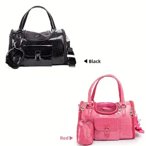 Luxury Pink Crocodile-Embossed PET Carrier Bag - Durable PVC, Zip Closure, with Detachable Shoulder Strap & Accessory Pockets - Perfect for Cats,