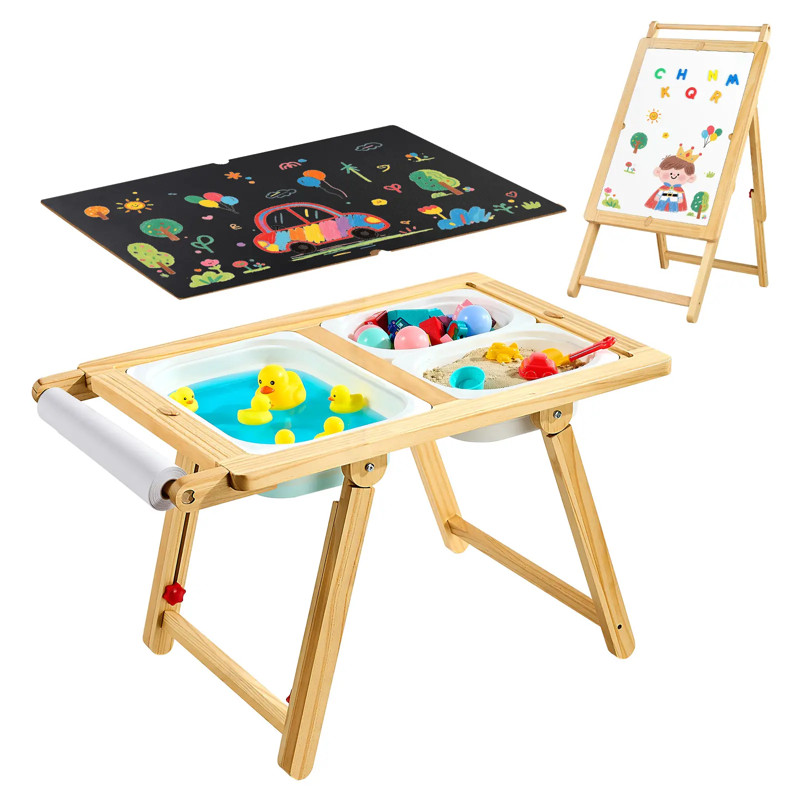 VEVOR Wood Toddler Sensory Activity Table - Pine Children's Furniture with Reversible Double-Sided Magnetic Whiteboard Drawing Board, Art Easel, Storage Bins, Paper Compatibility, Easy to Use, Ideal for 3-6 Years Olds, Birthdays, Back to School Present