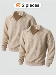 2-piece men's autumn and winter quarter zipper lapel knitted jacquard long-sleeved sweatshirt, soft and skin-friendly fabric, texture jacquard design, regular style, can be layered. Suitable for casual daily wear in autumn and winter，christmas gifts