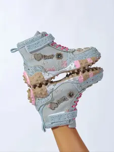 Women's Thick Sole High Top Dad Shoes, Rhinestone Embroidered Unique Design, Hand-Embedded Rhinestones Fashion Luxury Casual Trainer Women's Shoes