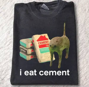I Eat Cement Cursed Cat Funny Oddly Specific Meme T-Shirt Streetwear Menswear Top Casual Tropical Shortsleeve