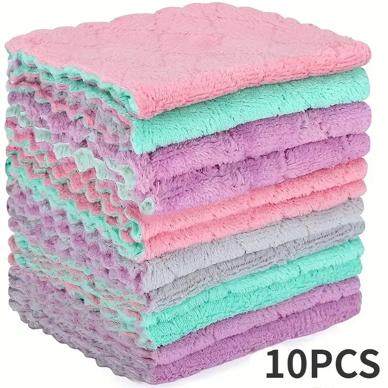 10 Pcs Microfiber Super Absorbent Cleaning Cloths, Thick Coral Fleece Reusable Dish Towels, Soft Absorbent Washable Kitchen Bathroom Car Window Wipes, Absorbent Washcloths