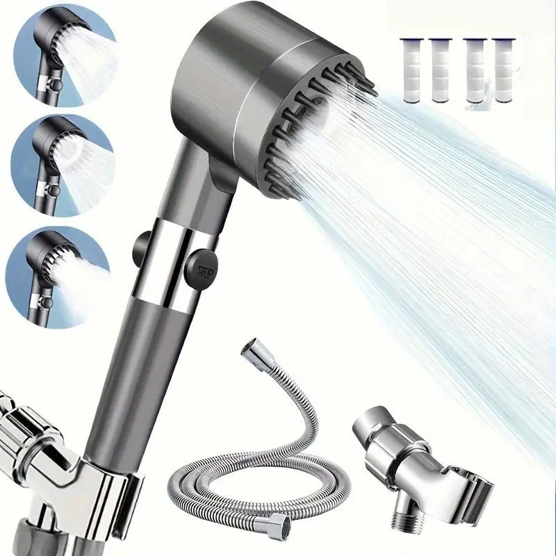 Stainless Steel Fixer+4 Filters Shower Head Set, 3 Adjustable Modes, Stainless Steel Panel & Adapters, Perfect Christmas Gift, Christmas Shower Head