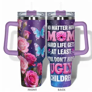 1pc Stainless Steel Cup 40oz/30oz/22oz/20oz/14oz Water Bottle,Funny Design With Pink Roses and Sparkling Blue Butterflies Double-layer insulation Leakproof Insulated Tumbler Double Wall Tumbler Large Capacity, Needed for Gym, Hiking, Travel Ideal B