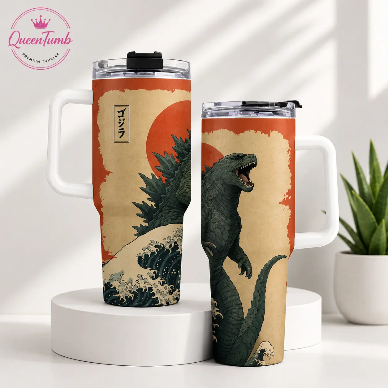 Godzilla 40oz Insulated Tumbler With Handle & Straw, Japanese Ukiyo-e Great Wave Stainless Steel Travel Mug, Vintage Kaiju Monster Fan Graphic Cup Gift For Men Women, Retro Rising Sun Anime Coffee Mug,
