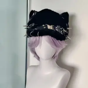 Women Harajuku Gothic Lolita Beret Hat Cap  Girl Rivet Patchwork Decorative Punk Gothic Hats Kawaii Cat Ears Beach Hat