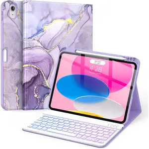 for iPad (A16) 11th/10th Generation Case with Keyboard(2025/2022)-7 Color Backlight Wireless Detachable Folio Keyboard Cover with Built-in Pencil Holder for iPad 11/10.9 inch, Violet Marble