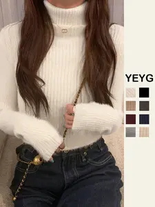 Women's High Neck Long Sleeve Sweater Knitwear, Casual Fitted Plain Design, Fall & Winter Fashion, Comfortable Daily Wear