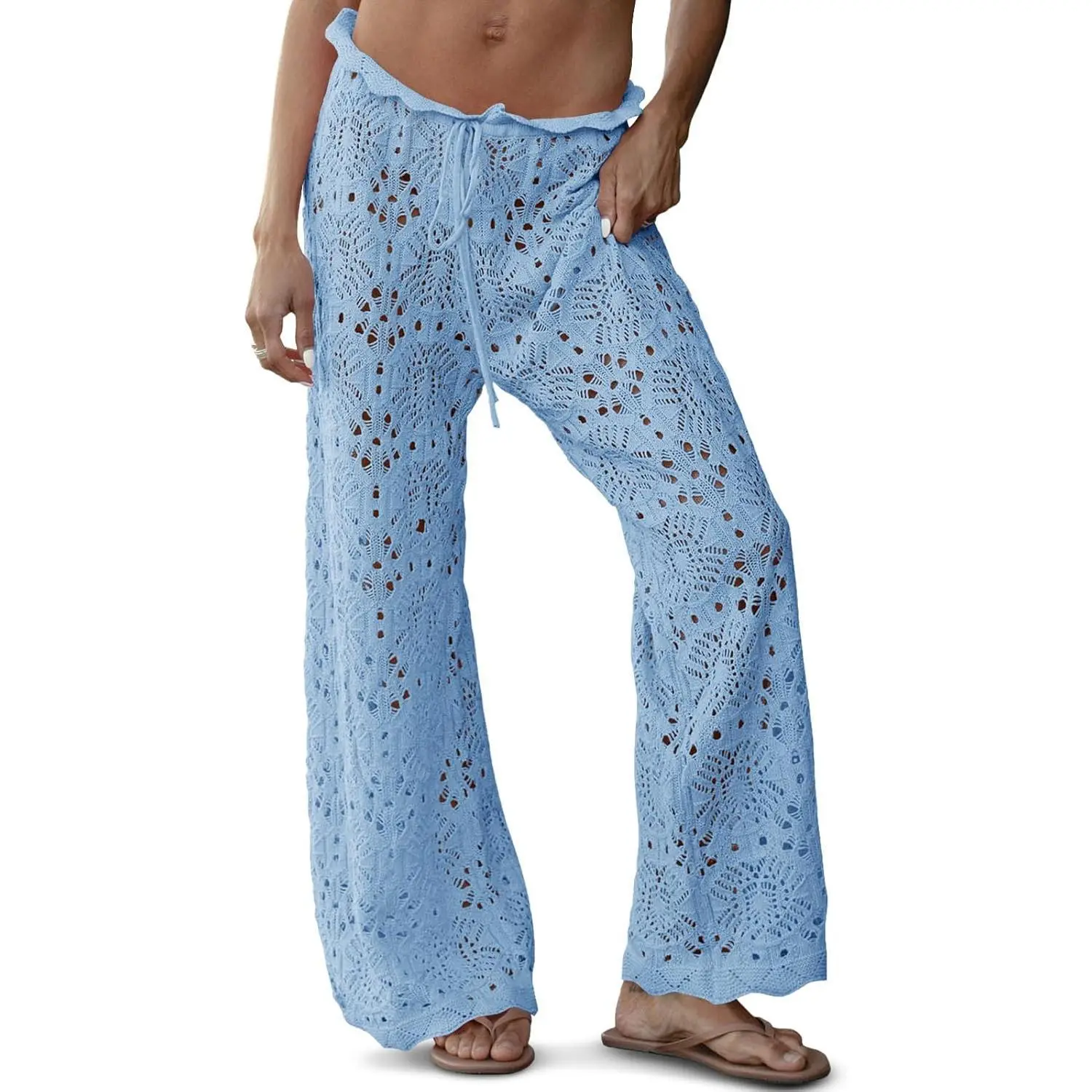 Imily Bela Womens Crochet Swimsuit Coverup Pants High Waisted Drawstring Sexy Sheer Mesh Knit Wide Leg Beach Pants