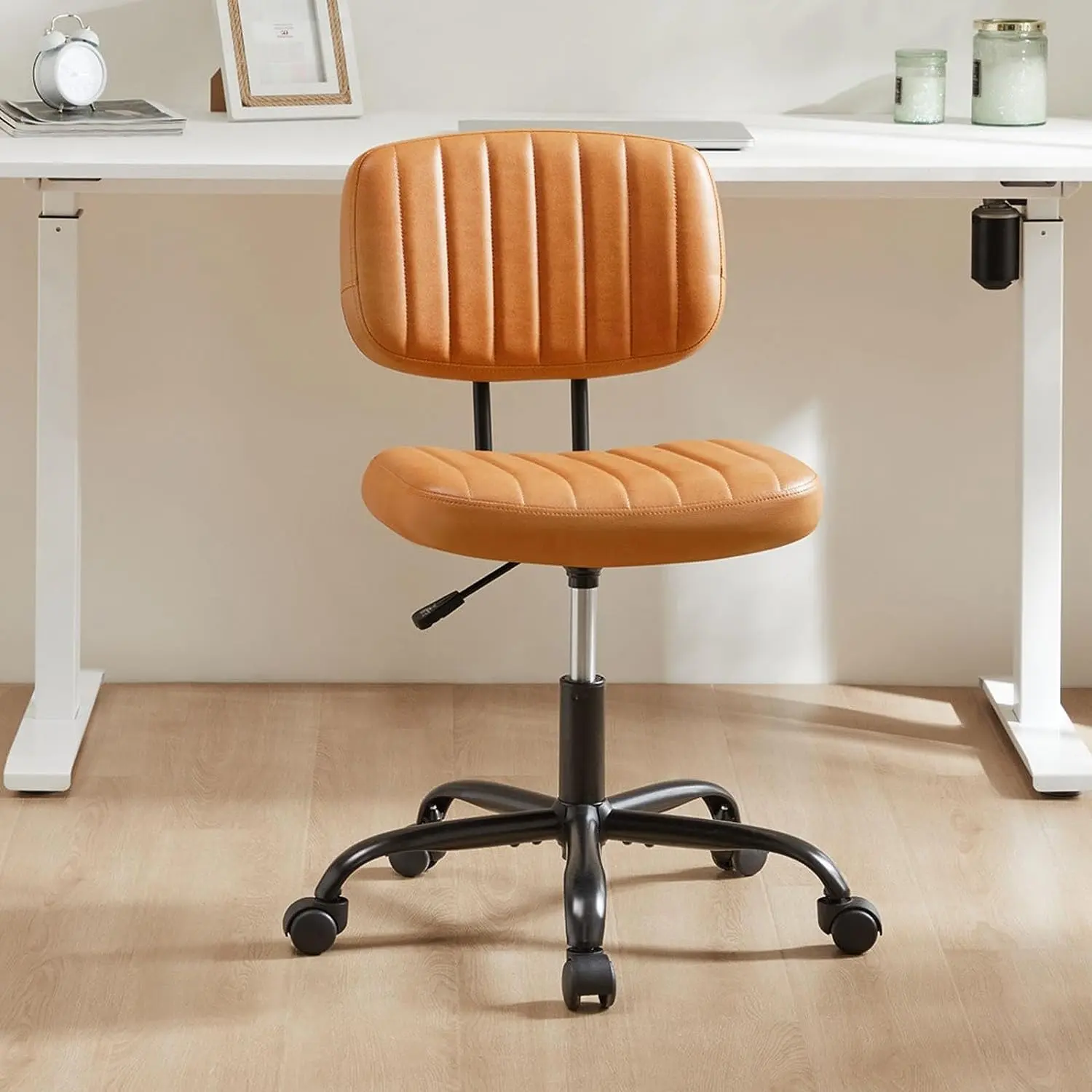 【Deal】Sweet Furniture Armless Desk Chair,PU Leahter Low Back Vanity, Adjustable Height 360° Rolling Swivel Computer Task Chair without Arm for Small Space
