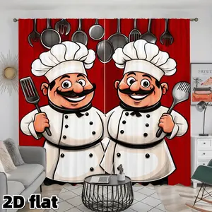 2D Flat 2Pcs Cartoon Chef Pattern Curtains Kitchen Restaurant Theme Red Background Cooking Utensils Design Rod Pocket Semi Sheer Polyester Fiber Suitable for Dining Room Cafe Window Decoration Home Decor Privacy Protection