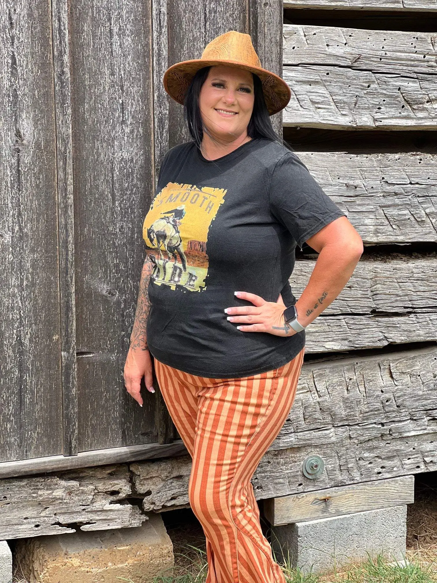 Orange & Rust Striped Bell Bottom Flare Jeans