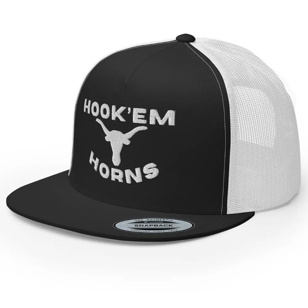 RIVEMUG NG Hook'Em Horns Embroidered Flat Bill Trucker Hat High Crown Adjustable Texas Bull Head with Longhorn Design Cap