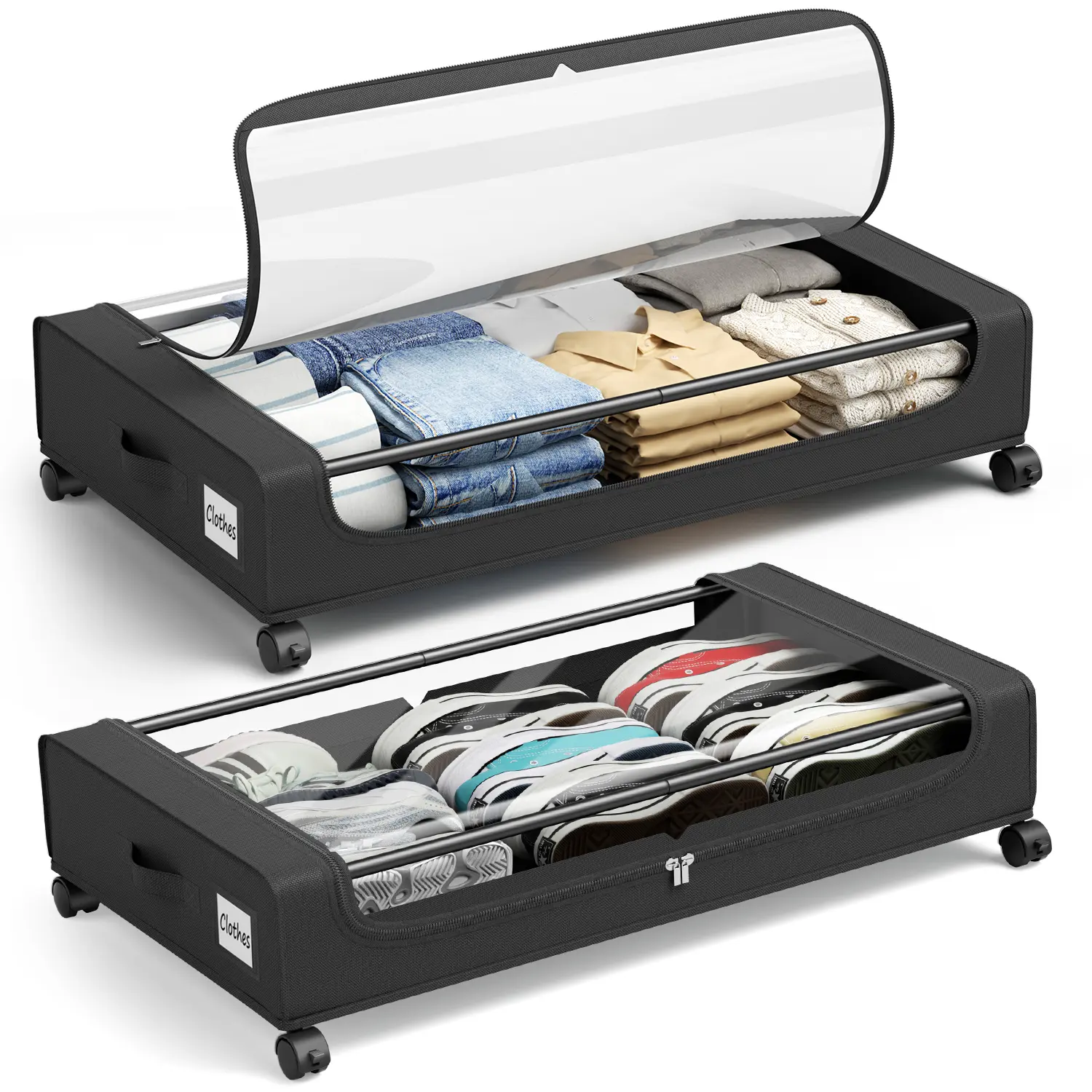2Pack Under Bed Storage Box with Wheels, Under the bed storage Organizer with Clear Lids - Rolling Drawers & Bins for Clothes,Shoes,Toys, 2-Pack (Black)