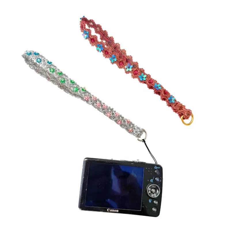 Y2K Beaded Wristlet Keychain – Retro Camera Strap or Bag Charm in Maroon or Silver Glitter