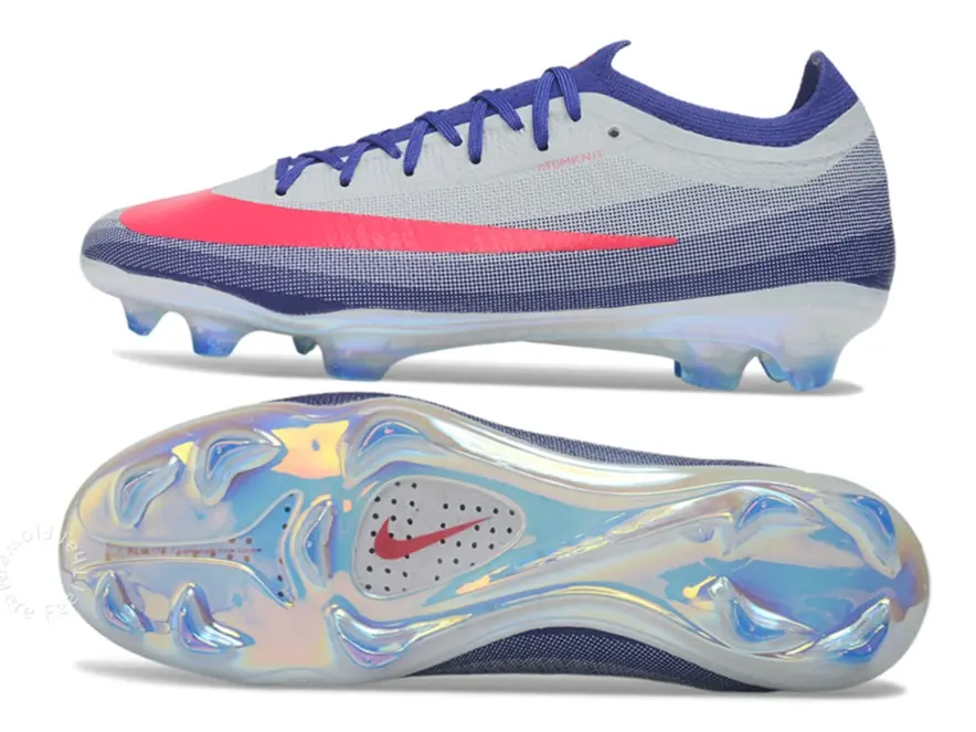 Holographic Iridescent Clear Long Stud Wear Resistant Outsole Grey White Blue Gradient Flyknit Fabric Bright Red Accent Low Cut Pro Soccer Cleats, Lightweight Breathable Anti-Slip Speed Training Boots For Men Women Natural Grass League Match Footwear