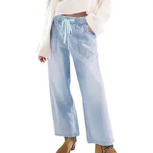 Womens Barrel Stretch Jeans Distressed Drawstring Wide Leg Loose Pull On Denim Jeans Pants