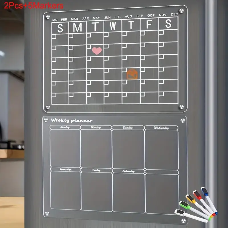 Acrylic Magnetic Monthly and Weekly Calendar with Markers, Clear Magnetic Dry Erase Board Calendar for Fridge, Reusable Planner Whiteboard Calendar wi