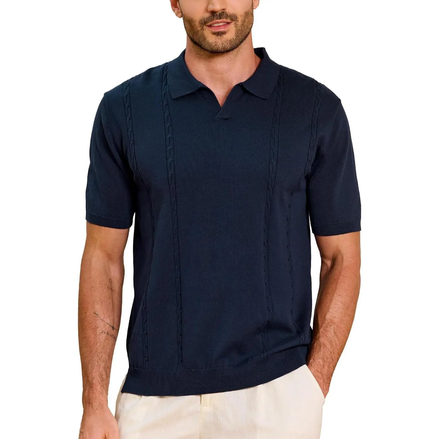 Kallspin Men's Cotton Classic Knitwear Polo Shirt - Short Sleeve, V-Neck, Cable Knit Textured Collar, Natural Smooth Fabric, Casual Office Summer Pullover for Golf, Menswear