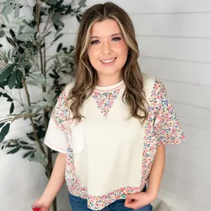 Women's Casual Floral Blouse, Lightweight Short Sleeve Thermal Knit with an Oversized Fit and Pink Stitching Detail