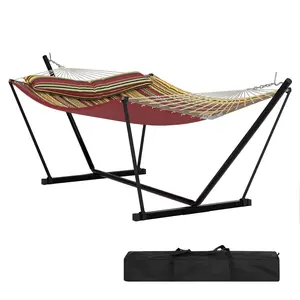 12FT Double Hammock with Heavy-Duty Steel Stand – 2 Person, 450LB Capacity, Weather-Resistant Quilted Polyester Fabric, Hardwood Spreader Bar, Portable Carrying Bag