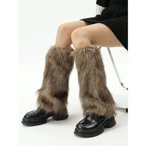 1 Pair Y2K High Leg Warmers Faux Fur Leg Warmers, Brown-Grey Fluffy Leg Sleeves, Millennium Aesthetic