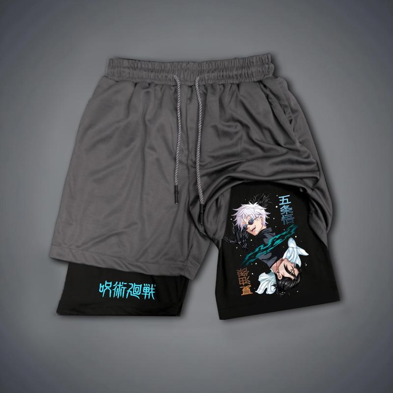 Jujutsu Kaisen Anime 80s 90s Double-Layer Sports Shorts Graphic Shorts Black Camo Streetwear Shorts Men Outfits Men Vacation Outfits Shorts