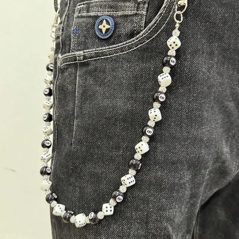 1pc Fashion Street Hip Hop Pants Chain, Rhinestone Beaded, Pool Ball and Dice Decor, Handmade, Unisex, Daily Wear Accessory, Men's Waist Decoration, Chains for Pants