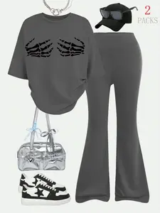Women's Loose Casual Round Neck Short Sleeve Top, Slim Fit Bell Bottoms, Skull Print, Perfect for All Seasons, Shopping, Travel, Outdoor Sports