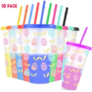 10pcs/24oz/710ml/Easter Egg And Rabbit Ear Plastic Tumblers,Color Changing Cups With Lids And Straws,The Best Easter Gift For Your Lover,It Is The Best Birthday And Christmas Gift For Family And Friends,Holiday Party Supplies,Iced Coffee Cup