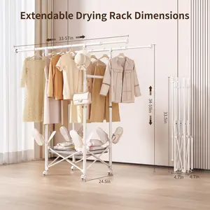 Double Rod Garment Rack with Storage Shelf, Hooks & Shoe Holders, Heavy Duty Metal Clothes Drying Rack, Portable Clothing Organizer for Bedroom, Laundry Room, Balcony, White
