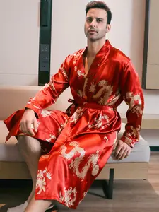 Men's Long Sleeve Ice Silk Sleep Robe, Dragon Design, Comfortable Casual Wear, All-Season Use, Perfect for Sleeping and Leisure