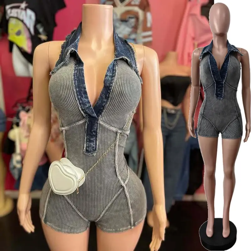 two-piece set woman Women Rompers Knit Ribbed Denim Patchwork Sexy Halter V-Neck Jumpsuit 2025 New Summer Streetwear Chic One Piece Sets Clothing