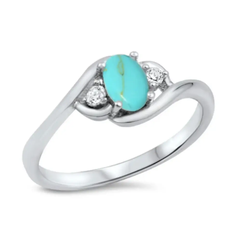 Oval Simulated Turquoise and CZ Crystal Ring - 925 Sterling Silver